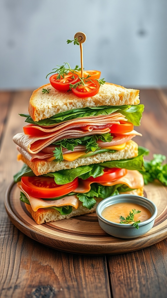 A gourmet sandwich with colorful layers, garnished with microgreens, on a rustic table with dipping sauce.